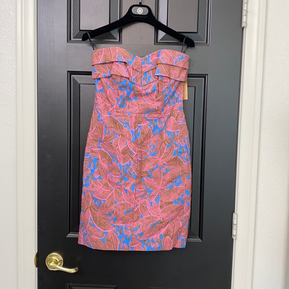 Pink and blue tropical print dress